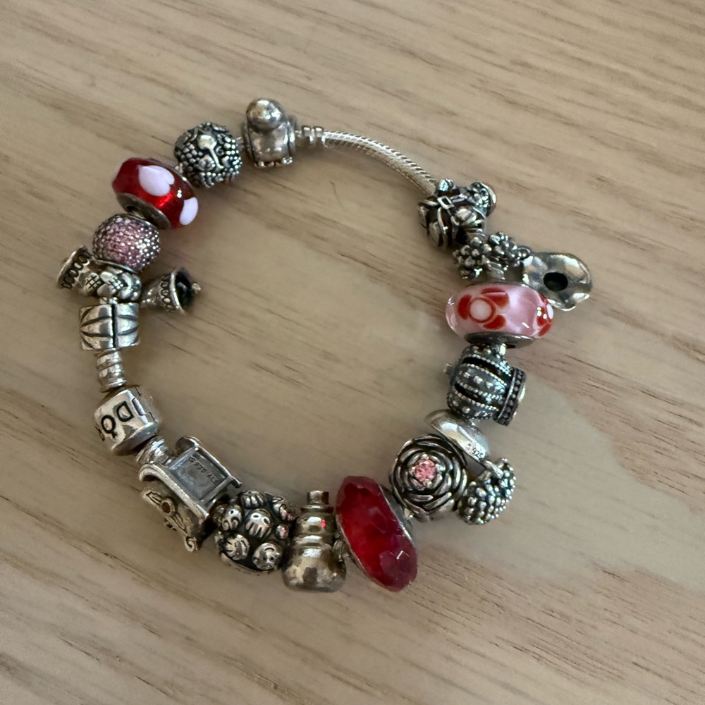 Pandora Silver Charm Bracelet with Red and Pink Glass Beads
